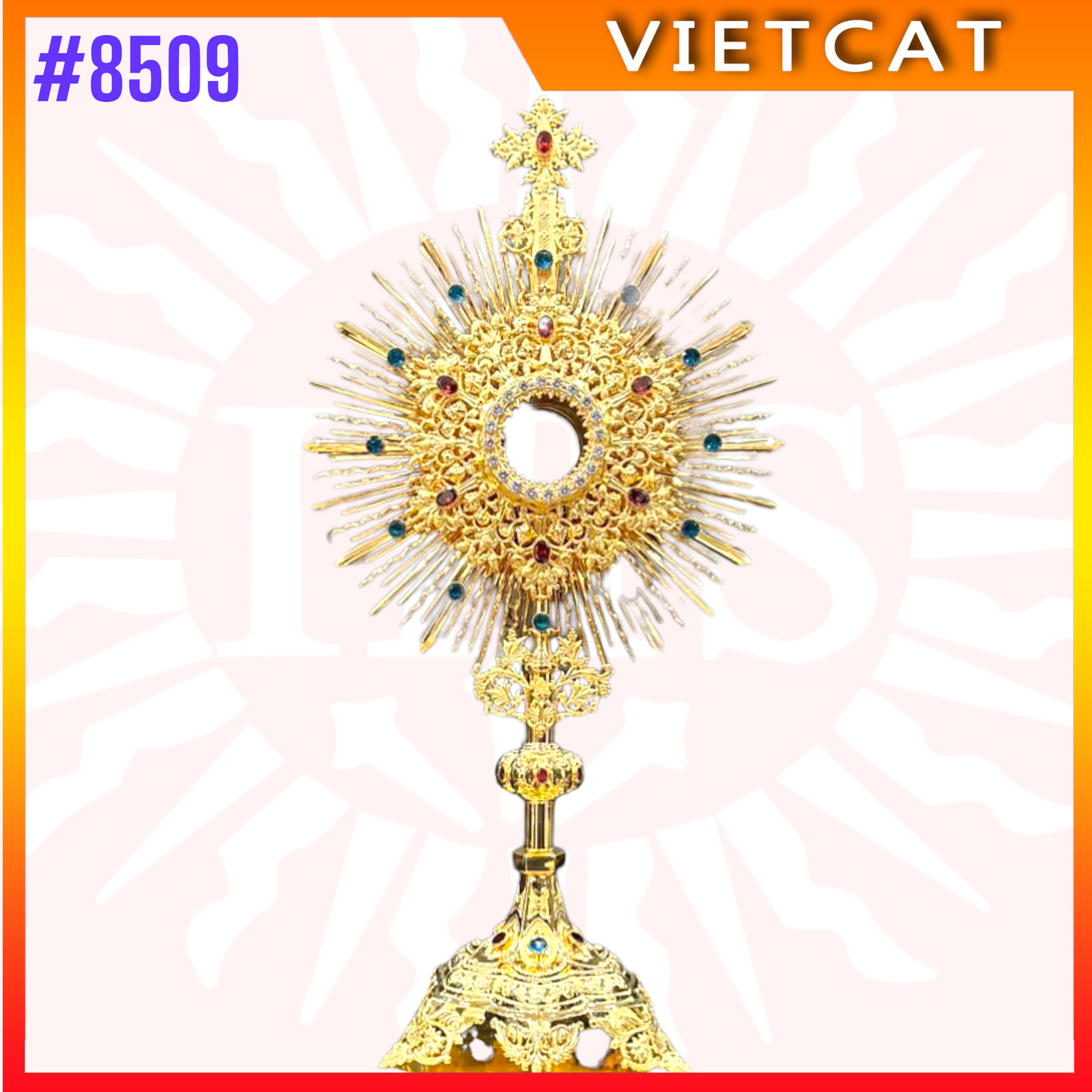 #8509 Handcrafted 9999 Gold-plated Brass Monstrance Gemstone Accents 71 cm Height