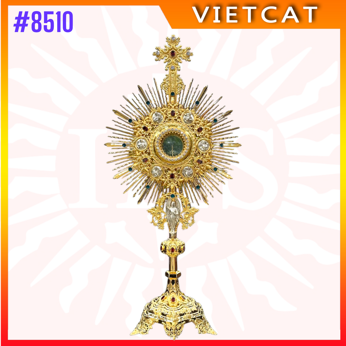 #8510 Handcrafted 9999 Gold-plated Brass Monstrance Crystal & Gemstone Accents 95 cm Height