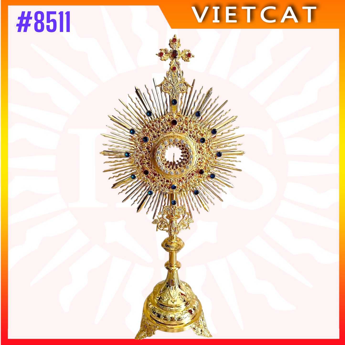 #8511 Handcrafted 9999 Gold-plated Brass Monstrance Gemstone Accents Liturgical Art 73 cm Height