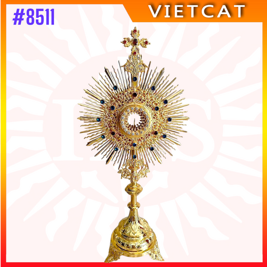 #8511 Handcrafted 9999 Gold-plated Brass Monstrance Gemstone Accents Liturgical Art 73 cm Height