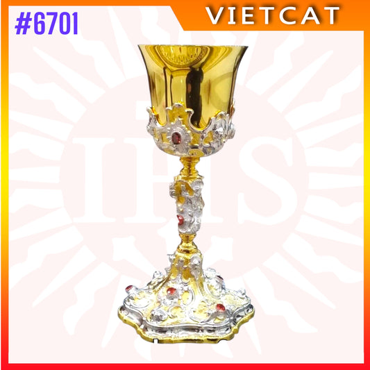 #6701 Premium Gilded Brass Chalice + Matching Paten｜Gemstone Inlay