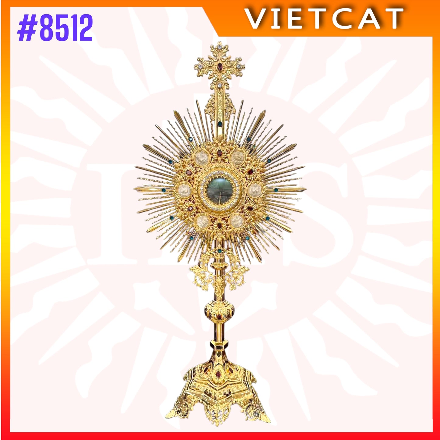 #8512 Handcrafted 9999 Gold-plated Brass Monstrance Inlaid Stones & Relief Angels 118 cm Height