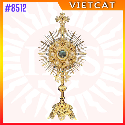 #8512 Handcrafted 9999 Gold-plated Brass Monstrance Inlaid Stones & Relief Angels 118 cm Height