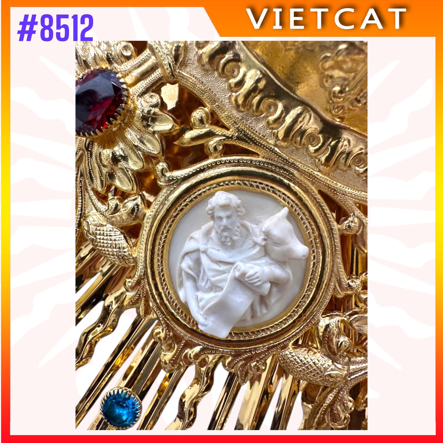 #8512 Handcrafted 9999 Gold-plated Brass Monstrance Inlaid Stones & Relief Angels 118 cm Height