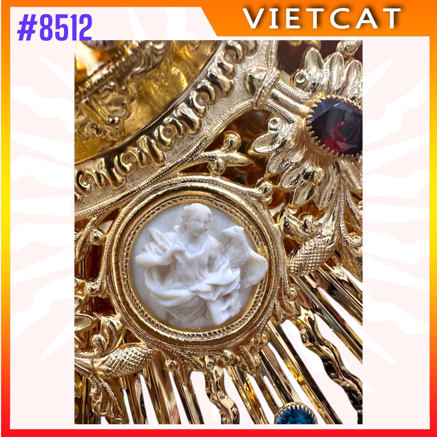 #8512 Handcrafted 9999 Gold-plated Brass Monstrance Inlaid Stones & Relief Angels 118 cm Height