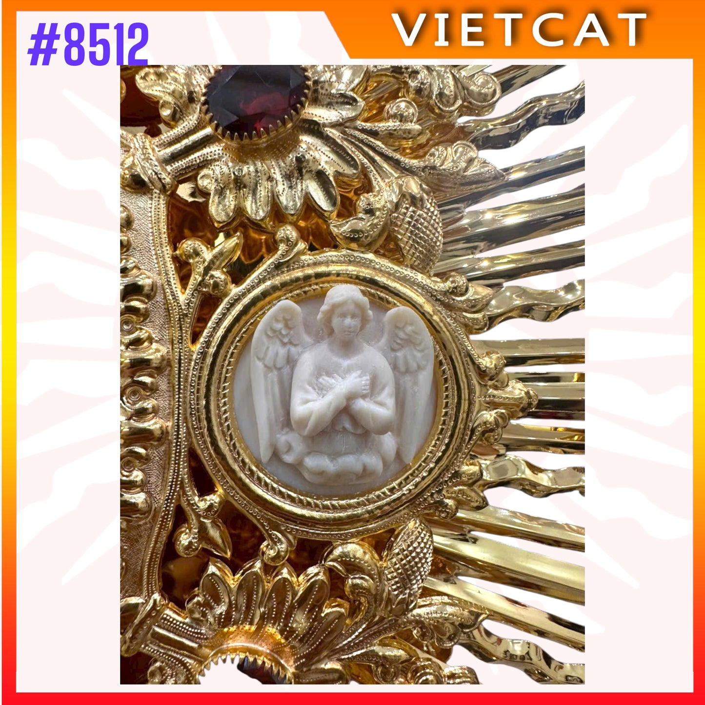 #8512 Handcrafted 9999 Gold-plated Brass Monstrance Inlaid Stones & Relief Angels 118 cm Height
