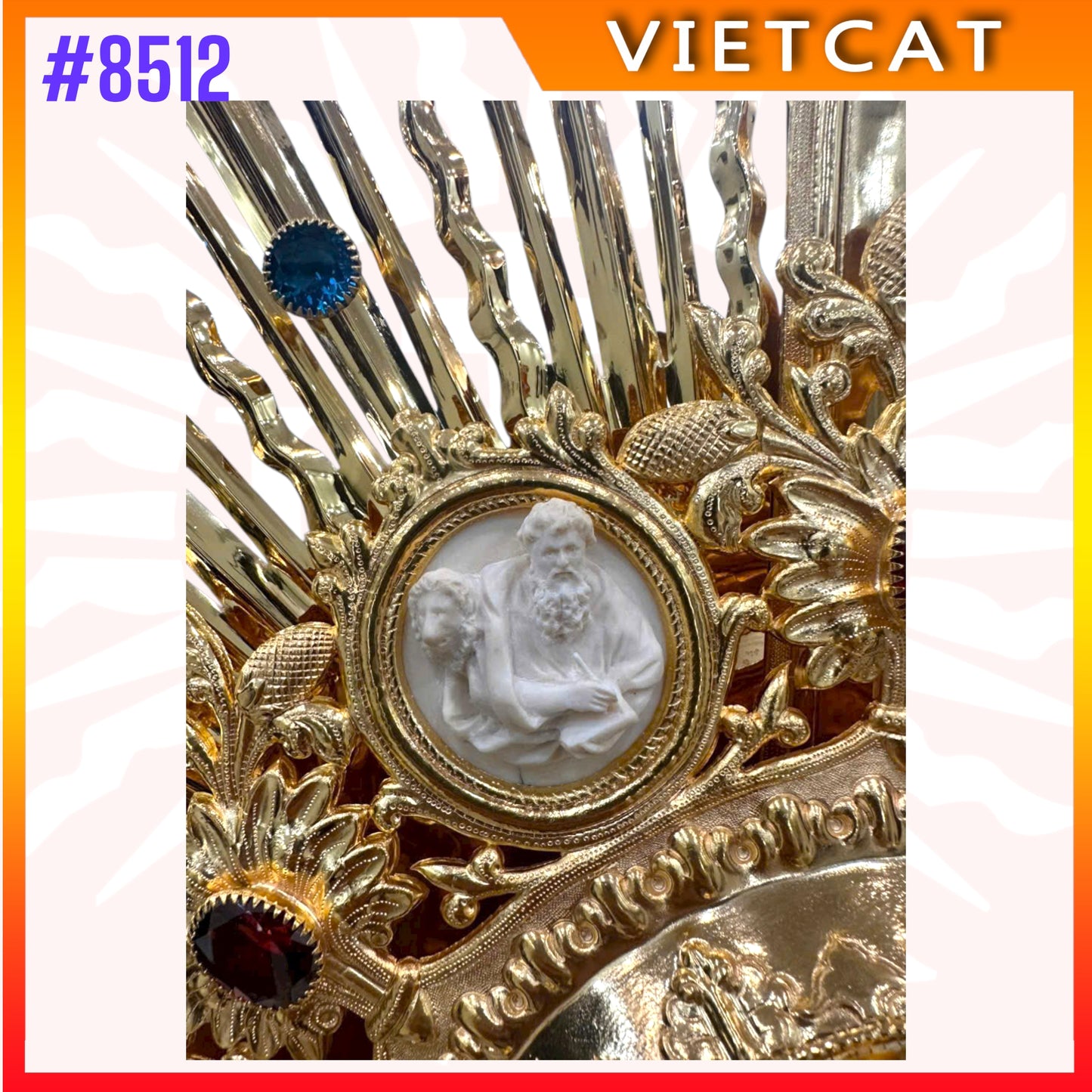 #8512 Handcrafted 9999 Gold-plated Brass Monstrance Inlaid Stones & Relief Angels 118 cm Height