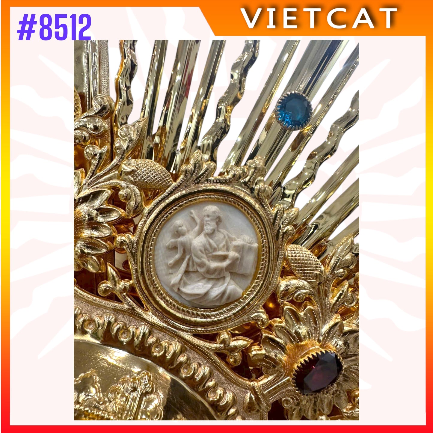 #8512 Handcrafted 9999 Gold-plated Brass Monstrance Inlaid Stones & Relief Angels 118 cm Height