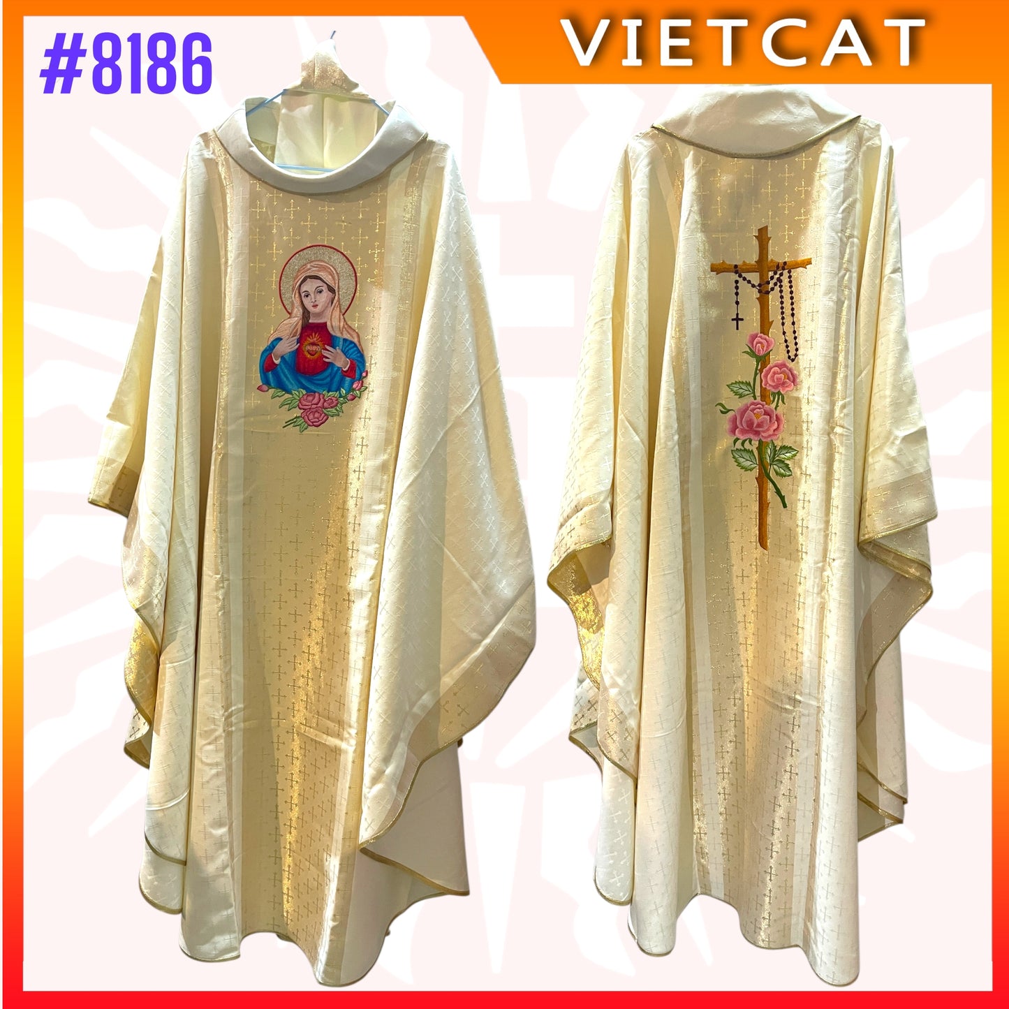 #8186 Catholic Sacred Heart of Mary Embroidered Chasuble | Premium Italian brocade fabric | Made in Vietnam | Made to order