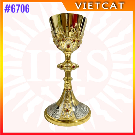 #6706 Ornate Gemstone Chalice | Brass with Gold & Silver Plating | H25cm