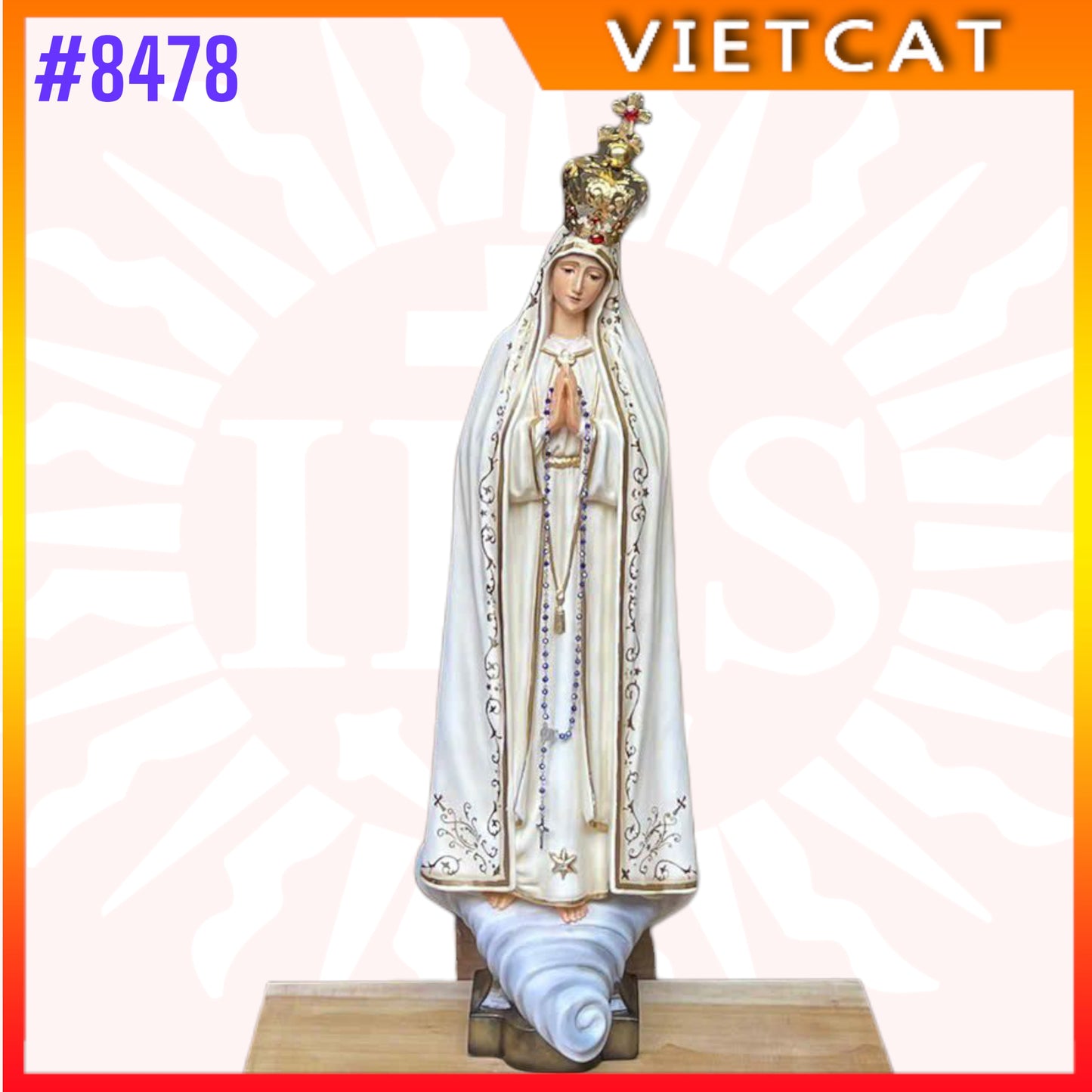 #8478 Fully Hand-Painted Solid Wood 55cm Our Lady of Fatima Statue – Hand-Carved Virgin Mary, Vietnamese Catholic Art