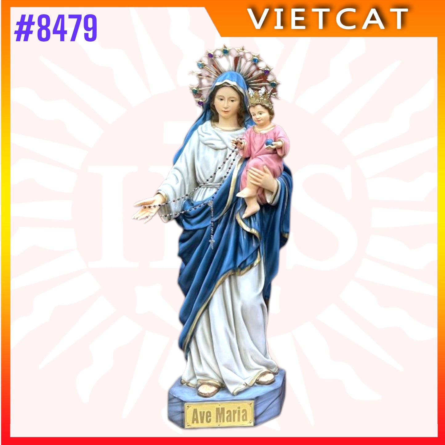 #8479 Fully Hand-Painted Solid Wood 55cm Mother of God Statue – Hand-Carved Virgin Mary with Child Jesus