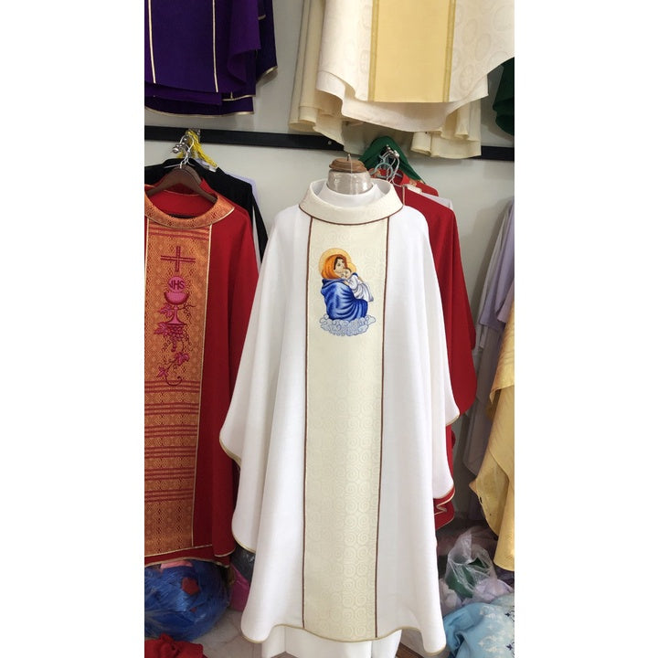 Platinum gold Priest's Vestment embroidered with image of the Virgin Mary AL6-2 Gift for patronal feast, ordination, parish priest's birthday