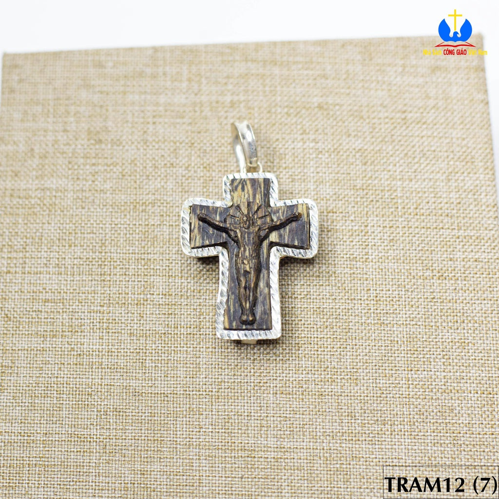 TRAM12 Agarwood Cross Pendant covered with pure silver (3x2.5cm) Catholic gift