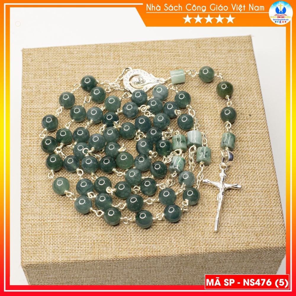 Rosary - 50 Natural Blue Jade Beads Rosary, Green Stone Bracelet - Model NS476 - Catholic, Christmas Gift